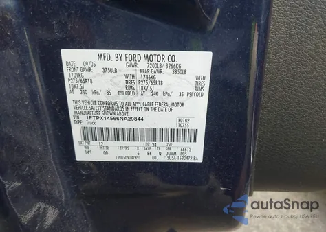 2006 Ford F-150 Fx4/Lariat/Xl/Xlt из США, поврежденный, VIN 1FTPX14566NA29844